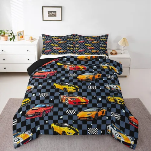 Vista 28 de Feelyou Juego de edredón de coche de carreras, tamaño individual, juego de ropa de cama de coche deportivo de velocidad para niños y niñas, edredón