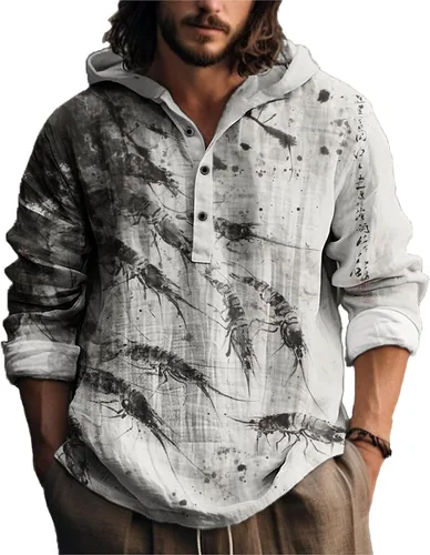 Vista 25 de MARSVOVO Camisa con capucha para hombre, vintage, retro, de 3 botones, manga larga, ligera, ligera, a la moda, casual, para uso diario, primavera