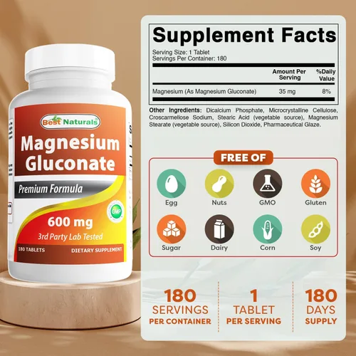 Vista 2 de Best Naturals Gluconato de magnesio (35 mg de magnesio elemental de 600 mg de gluconato de magnesio) 180 comprimidos
