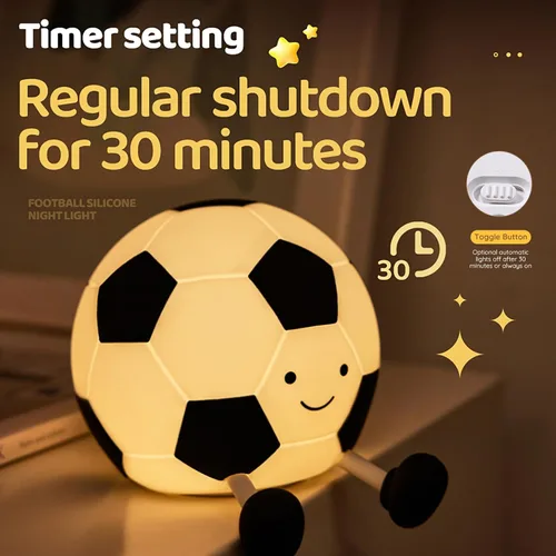 Vista 4 de Luz nocturna de fútbol AGEK para niños, lámpara de fútbol de dibujos animados de silicona para guardería con 3 niveles de atenuación, lámpara