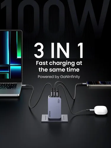 Vista 3 de UGREEN Nexode Pro 100W GaN Cargador de pared USB C, Cargador PPS compacto de 3 puertos y rápido para MacBook Pro/Air, Pixelbook, iPad, serie iPhone