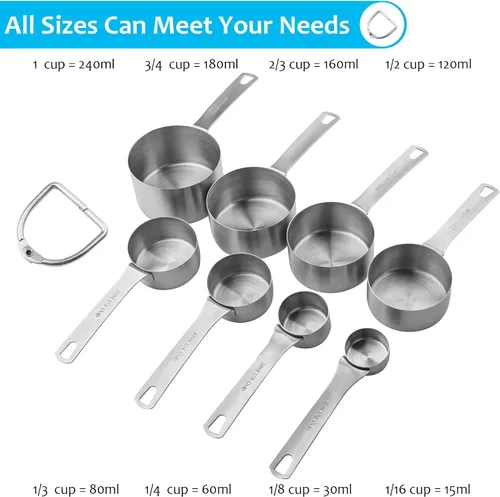 Vista 2 de Juego de tazas medidoras, juego de tazas medidoras de acero inoxidable 18/8 para hornear y cocina, taza métrica y de metal estadounidense