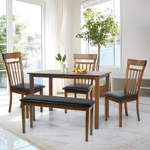 Vista 11 de Juego de mesa rectangular de 5 piezas, 3 sillas cálidas y 1 banco, madera maciza de estilo clásico, color espresso con tela sintética de cuero