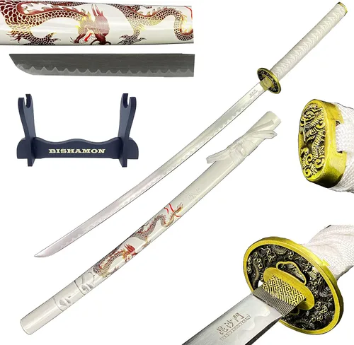 Vista 9 de Bishamon 42 1/2" Samurai Sword Carbon Blade Dragon Scabbard Comes with a Wooden Stand