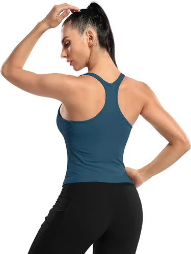 Vista 19 de ATTRACO Camiseta corta acanalada de entrenamiento para mujer con brasier integrado para yoga, espalda cruzada, ajuste ajustado