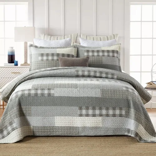 Vista 12 de Finlonte Edredón tamaño King, 100 % algodón, juegos de colcha tamaño King, colchas a cuadros azules, beige y blancas, ligeras, suaves
