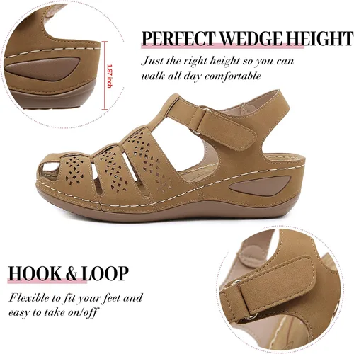 Vista 4 de Sandalias de cuña de gladiador con punta cerrada para mujer, cómodas, informales, tejidas, de verano, con velcro