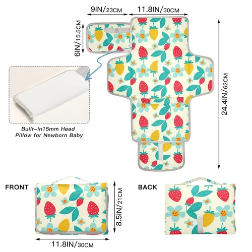 Vista 4 de Strawberries Portable Changing Pad with Built-in Pillow, Waterproof Foldable Baby Diaper Changing Pads, Diaper Mat for Boys and Girls