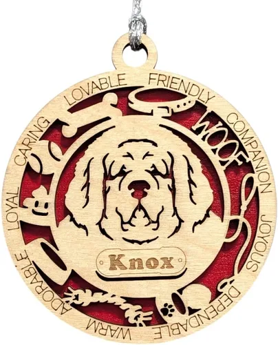 Vista 141 de Adorno de Navidad personalizado para perro Cavalier King Charles Spaniel, redondo de 3 pulgadas, madera cortada con láser de 2 capas, nombre y texto