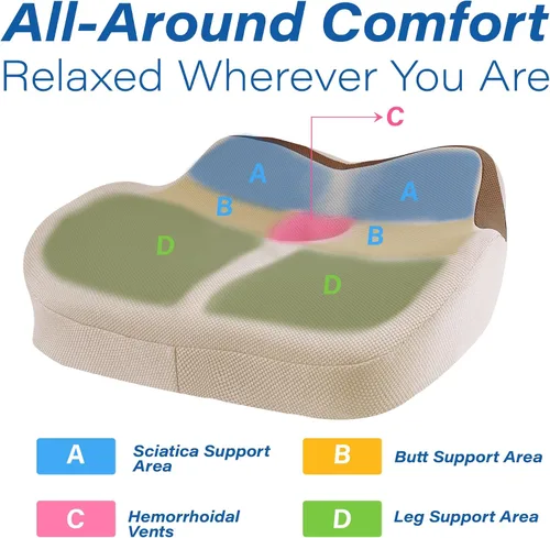 Vista 4 de Cojín de asiento de coche: cojín ergonómico de espuma viscoelástica para aliviar el dolor de ciática, almohada de asiento de conducción más grande