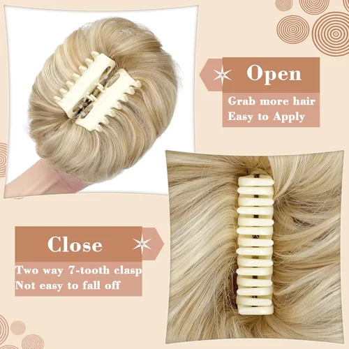 Vista 4 de Moño desordenado, extensiones de cabello sintético con clip de garra, para mujer, rubio ceniza, mezcla de rubio decolorado