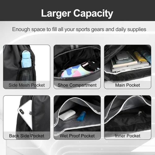 Vista 3 de Hoedia Mochila deportiva con cordón, bolsa de gimnasio con compartimento para zapatos y bolsillo a prueba de humedad para mujeres y hombres