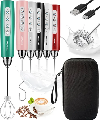Vista 37 de YUSWKO Baby Blue - Varita espumadora de leche de mano para café, batidor eléctrico recargable con 3 cabezales, 3 velocidades, mezclador de bebidas