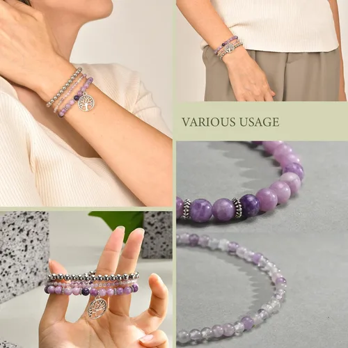 Vista 4 de TempBeau Life of Tree Bracelet for Women - Natural Stone Crystal Beaded Girl Stretch, Stackable Silver Chain Strand Set, Boho Bohemian Beach