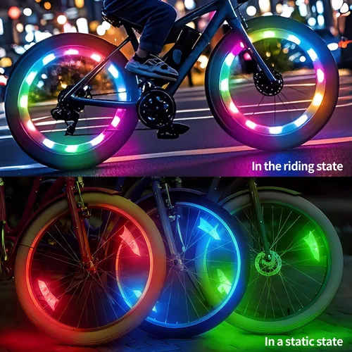 Vista 4 de Luces de rueda de bicicleta recargable, paquete de 2, luz de radios de bicicleta, resistente a la intemperie, luces de bicicleta para adultos