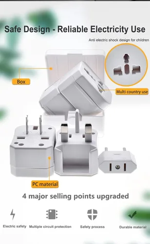 Vista 4 de Toptekits Adaptador de corriente universal todo en uno, conversión de viaje global tres en uno, 3 enchufes, adaptador universal de viaje en el Blanco