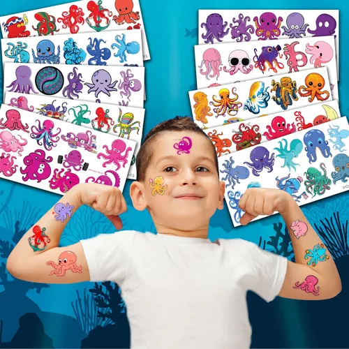 Vista 4 de 100 piezas temáticas de pulpo, regalos de fiesta de cumpleaños, suministros de decoración, pulpo, océano bajo el mar, animales, tatuajes temporales