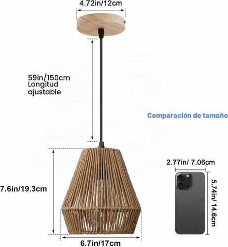 Vista 4 de Lámparas colgantes de ratán tejido de 6.7 pulgadas, paquete de 2 Toldo de madera de 6.7''+marrón