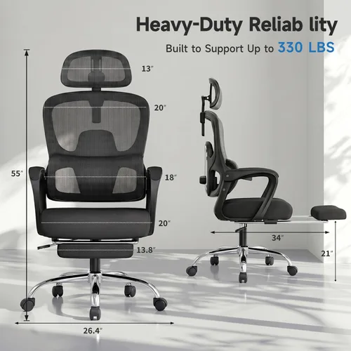 Vista 2 de Silla de oficina ergonómica con reposapiés, silla de oficina Negro