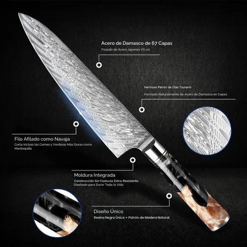 Vista 2 de SENKEN Juego de 7 piezas de cuchillos de cocina de Damasco - Colección Tsunami - Acero VG10 japonés de 67 capas - Cuchillo de chef, cuchillo