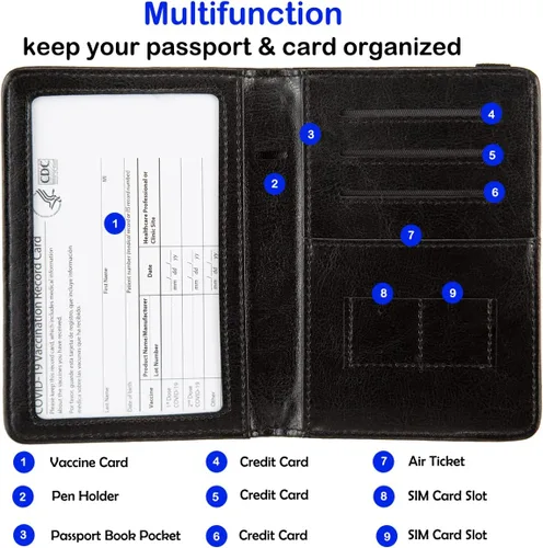 Vista 2 de Combo de portatarjetas de pasaporte y vacunación con bloqueo RFID, funda de piel con bloqueo RFID, organizador de documentos de viaje, protector