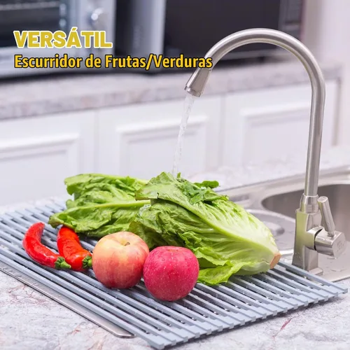 Vista 2 de Escurridor de platos enrollable multiusos de acero inoxidable recubierto de silicona sobre el fregadero, 17.2"X12.2", resistente al calor