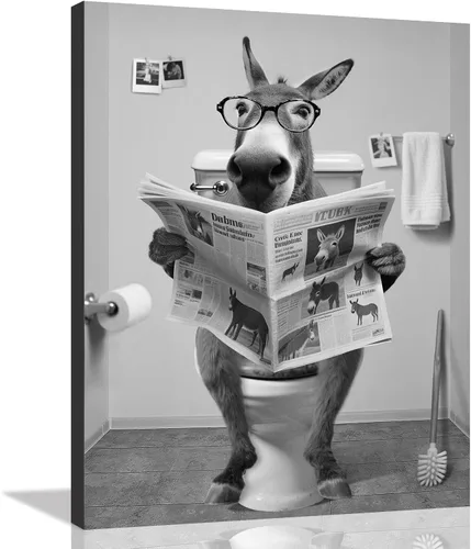 Vista 18 de Decoración de Arte de Pared en Blanco y Negro – Oso con Gafas Sentado en el Inodoro Leyendo Periódico, Impresiones en Lienzo, Imágenes de Animales