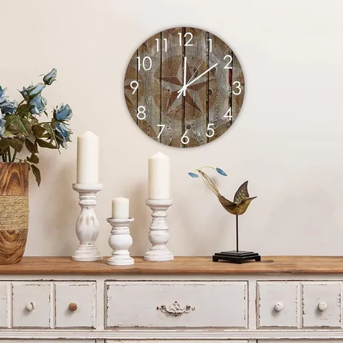 Vista 3 de Reloj de pared de granja con estrella de Texas occidental que no hace tictac, funciona con pilas, reloj para colgar en la pared, estilo Shabby