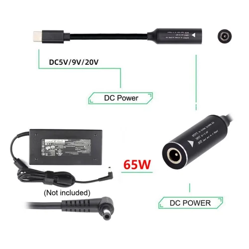 Vista 5 de chenyang Convertidor de alimentación CC a USB C, USB C macho a CC 0.098x0.028 in PD 65W 5V/9V/20V adaptador de cable de carga rápida