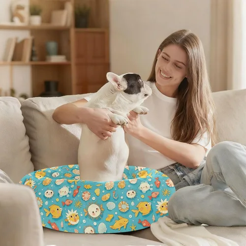 Vista 8 de Wudan Pet Cat Bed Anti-Slip Fluffy Calming Bed for Medium Size Pets Sleeping XS Blue Themed Marine Life