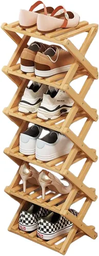 Vista 11 de YYW Zapatero de bambú para entrada, estantes de zapatos de pie libre, estante de armario, organizador vertical plegable de almacenamiento de zapatos