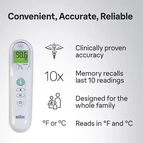 Vista 6 de Termómetro Braun sin contacto de 3 en 1 para adultos, niños y bebés, mide la temperatura de la frente, líquidos y alimentos, precisión profesional