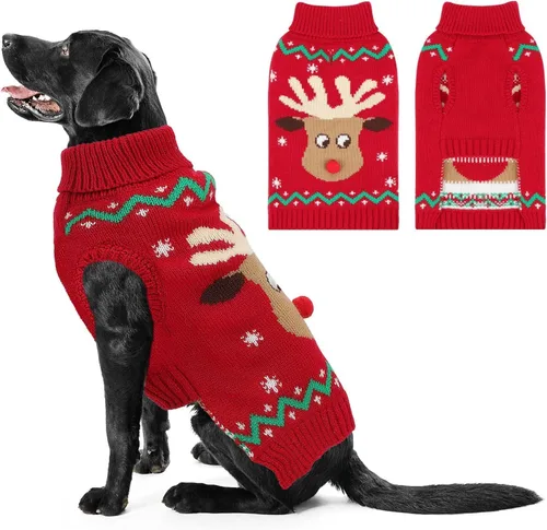 Vista 18 de Suéter navideño de cuello alto para perro, suéter de invierno de renos y copos de nieve con agujero para la correa, suéter de punto para cachorros
