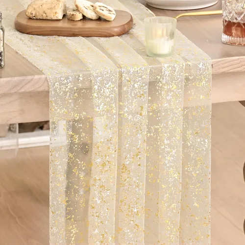 Vista 35 de Artoid Mode Camino de mesa de gasa color beige dorado de 120 pulgadas, 10 pies, lámina metálica con purpurina transparente para comedor, boda