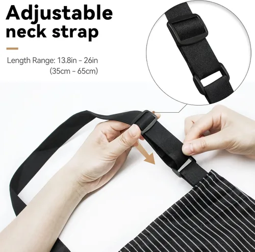 Vista 4 de NLUS Paquete de 2 delantales de cocina ajustables con babero, delantal de chef suave con 2 bolsillos para hombres y mujeres (rayas negras)