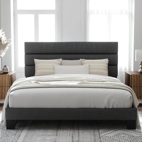Vista 28 de Allewie Base de cama de plataforma de tamaño individual con cabecera tapizada de tela y soporte de listones de madera, base de colchón totalmente