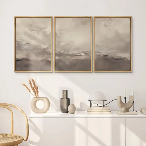 Vista 173 de SIGNWIN Lienzo enmarcado para pared, juego de arte neutro de bosque brumoso, ilustraciones en tono tierra, arte moderno, decorativo, bohemio
