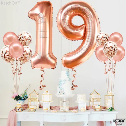 Vista 3 de KatchOn, Globos gigantes de oro rosa con el número 19, 40 pulgadas, globos de cumpleaños 19 con globos de confeti, decoraciones de feliz cumpleaños