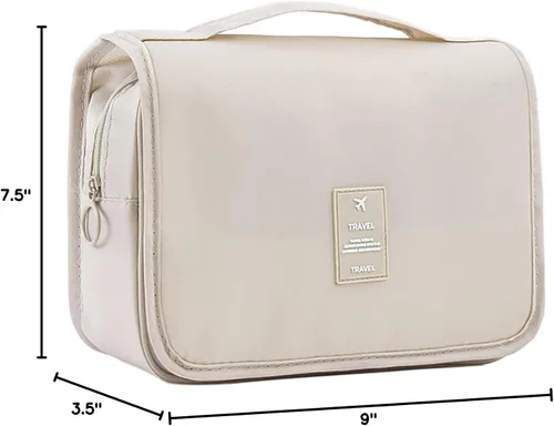 Vista 7 de Neceser de viaje colgante para mujer, bolsa de maquillaje resistente al agua, organizador de cosméticos para accesorios de viaje, artículos de Beige