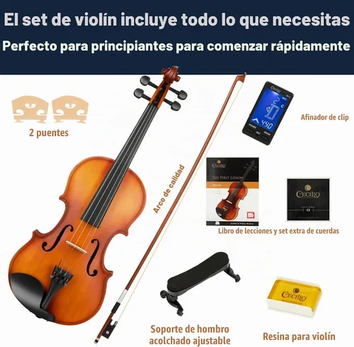 Vista 6 de Violín Mendini de madera sólida, libro de lecciones, cuerdas extra, sintonizador violín, arco y estuche