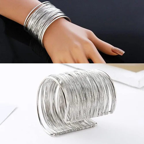 Vista 2 de MOZAKA 6 pulseras de alambre ancho abierto para mujer, pulsera de oro
