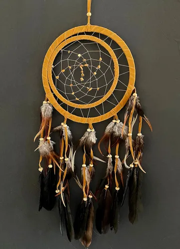 Vista 9 de OMA Atrapasueños para colgar en la pared, decoración de pared bohemia con piedras de ojo de tigre y plumas, diseño tradicional de gamuza marrón 3