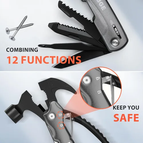 Vista 4 de 12 en 1 Martillo Multiherramienta, Multiherramienta de Camping con Destornillador, Bloqueo de Seguridad y Funda de Nylon Duradera, Regalos