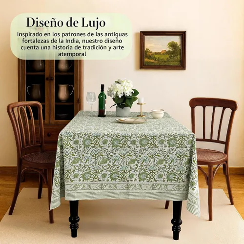 Vista 2 de CPC - Mantel cuadrado 100% algodón, 60 x 60 pulgadas, estampado de bloques indios, mantel para bodas, primavera/verano, barbacoa, verde ágata
