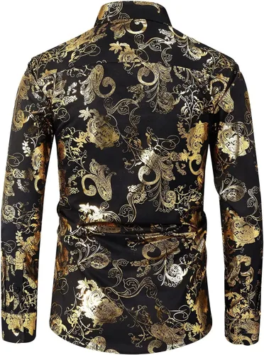 Vista 2 de Bolcguri Camisa de vestir brillante para hombre, camisa de vestir de lujo con estampado barroco, camisas de manga larga con botones S-3XL