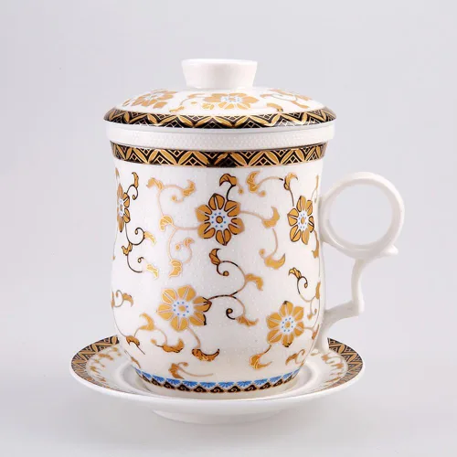Vista 7 de Taza de té de porcelana con tapa de infusor y juegos de platillos – Taza de café de cerámica china Jingdezhen Taza de té de hoja suelta Sistema