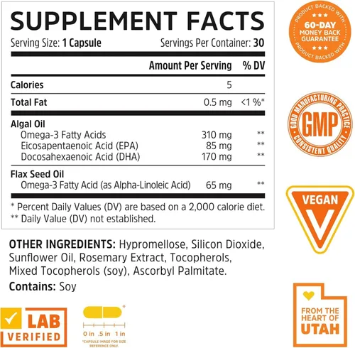 Vista 3 de Zhou Omegas a base de plantas - Suplemento vegano Omega 3 - 30 cápsulas vegetarianas