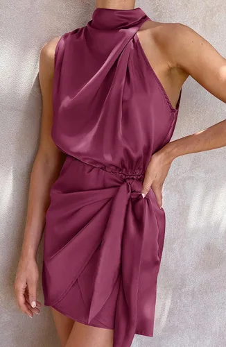 Vista 2 de ZESICA Women's 2024 Fashion Satin Sleeveless Halter Neck Tie Waist Wrap Bodycon Cocktail Party Mini Dress