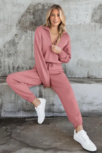 Vista 24 de PRETTYGARDEN Conjunto de suéter de 2 piezas para mujer, sudadera con cremallera, pantalones deportivos, ropa casual
