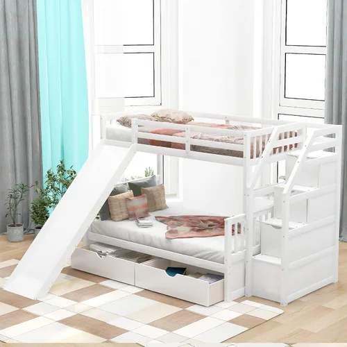 Vista 14 de Harper & Bright Designs - Litera con cama de tamaño individual sobre cama de tamaño matrimonial/individual, con 3 cajones, 4 espacios de Gris